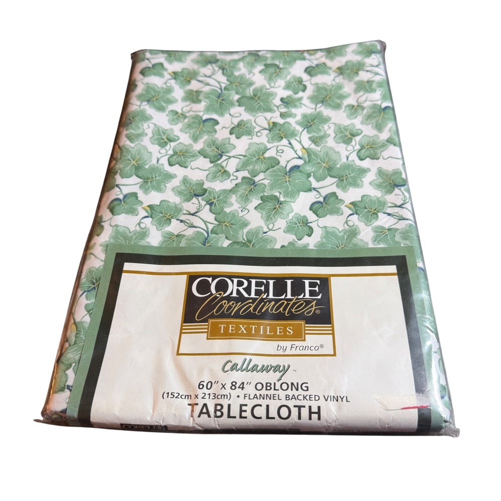 Corelle Tablecloth Callaway 60x84 Green Ivy Leaf Flannel Backed Vinyl Oblong NEW